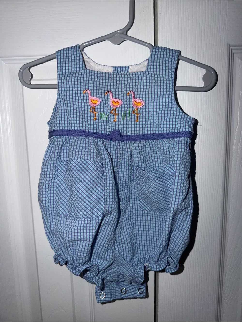 Blue Flamingo Seersucker Baby Romper